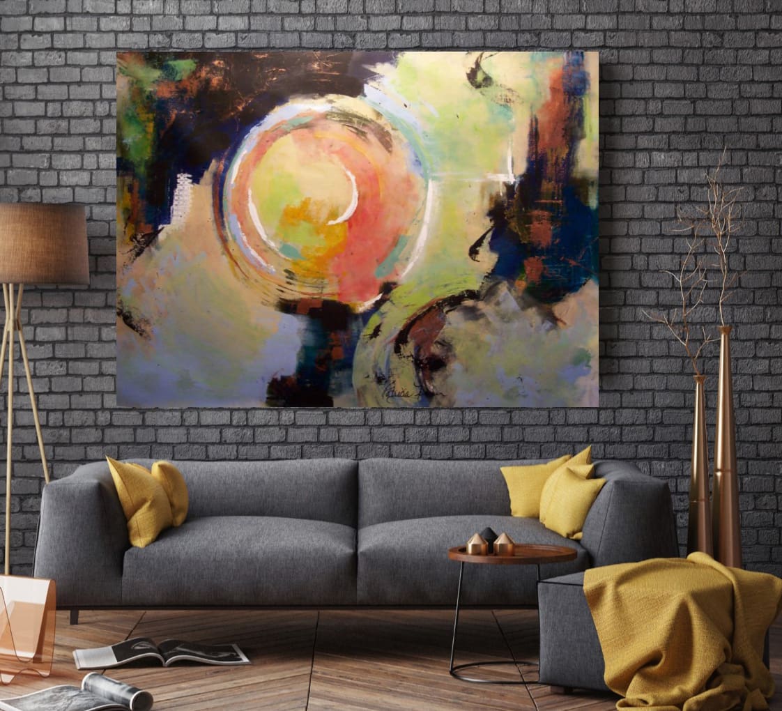 A painting of an abstract scene in the middle of a living room.