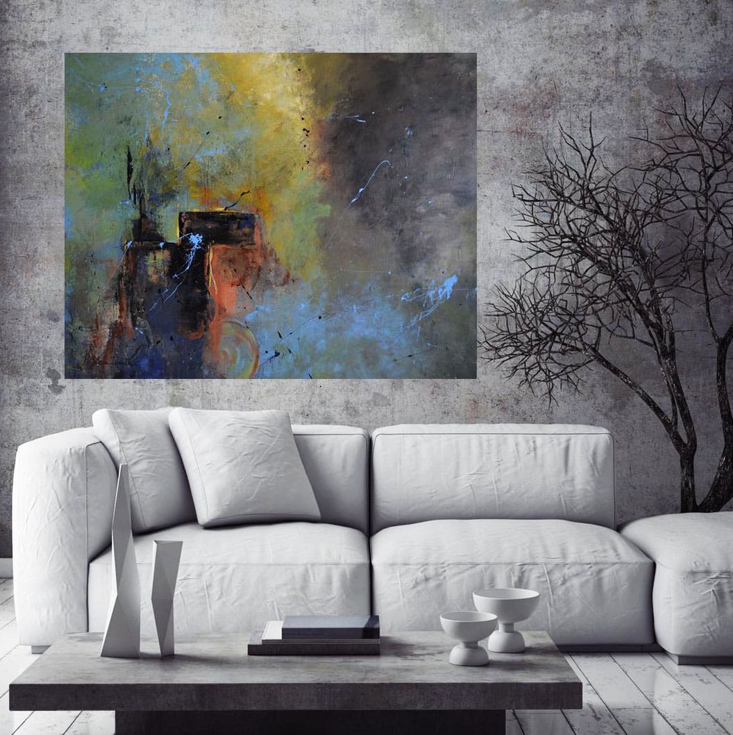 A painting of a tree and some couch