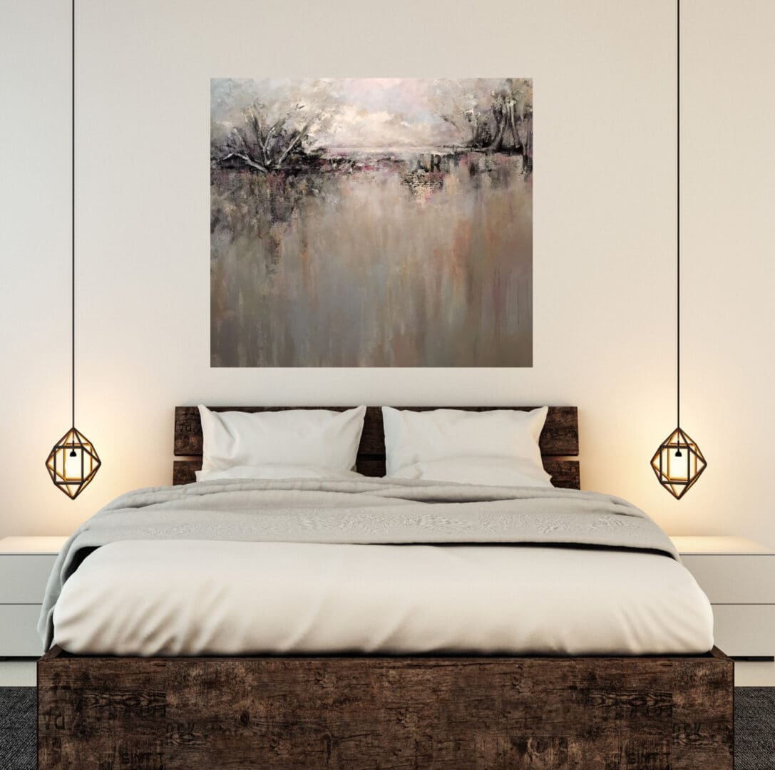 A painting of trees in the middle of a bedroom.