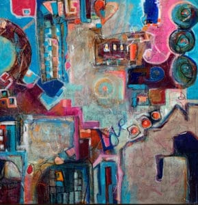 A painting of various shapes and colors in the background.