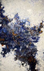 A painting of blue and white abstract shapes