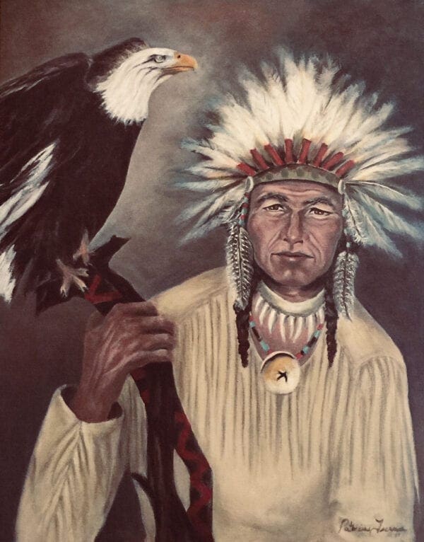 A painting of an indian holding a bird