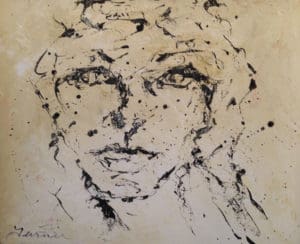 A painting of a face with black and white paint on it.