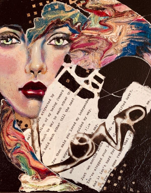 A painting of a woman with a torn paper heart.