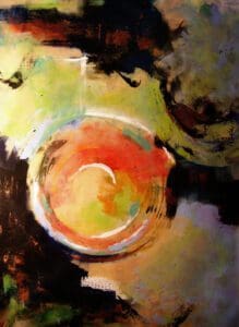 A painting of an orange bowl with green and yellow paint.