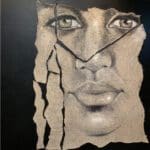 A painting of a woman 's face with torn paper.