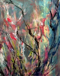 A painting of trees with pink and blue leaves.