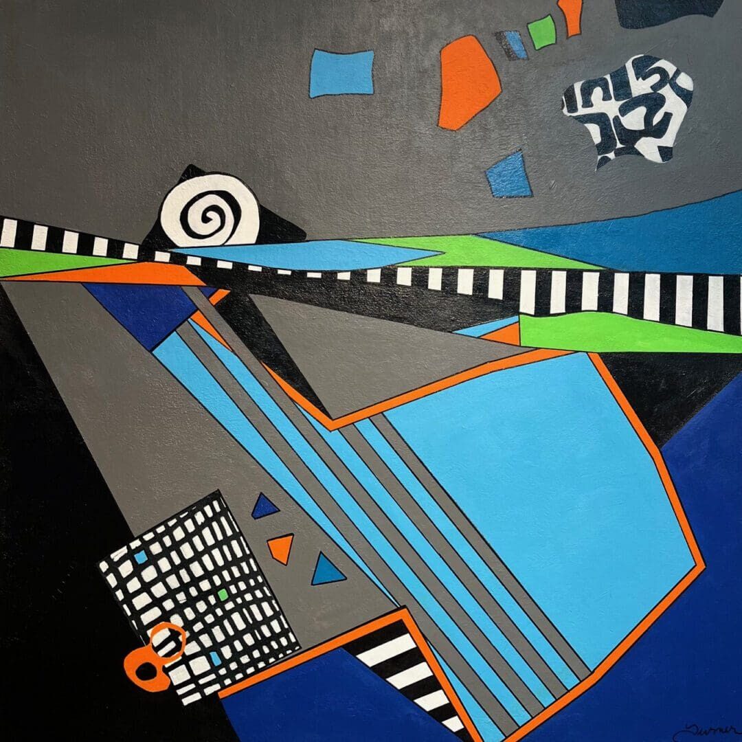 A painting of an abstract design with blue, black and white shapes.